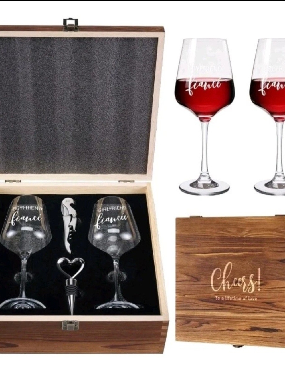 Engraved 'Fiancé' Wine Glass Gift Set with Wooden Case - Clear Glass